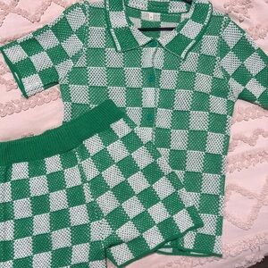 Green and White Checkered Women's Knit Set